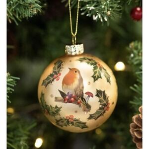 Gisela Graham Gold Robin And Holly Glass Bauble Christmas Tree Ornament Vtg Styl